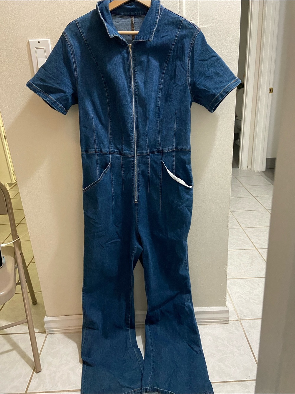 Denim Short-Sleeve Zip-Front Jumpsuit - Blue